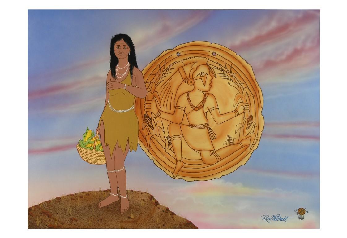In Cherokee mythology, Selu was the First Woman and goddess of the corn. (Her name literally means "maize" or "corn" in the Cherokee language.) Selu was killed by her twin sons, who feared her power; but with her dying instructions she taught them to plant and farm corn, so that her spirit was resurrected with each harvest. 